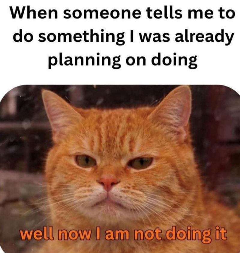 When someone tells me to do something I was already planning on doing well now I am not doing it