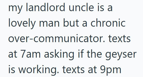 my landlord uncle is a lovely man but a chronic over-communicator. texts at 7am asking if the geyser is working. texts at 9pm