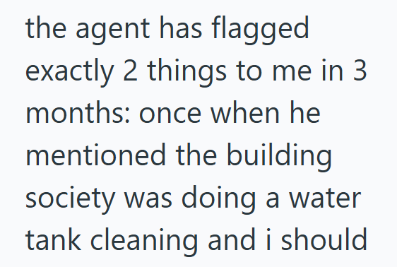 the agent has flagged exactly 2 things to me in 3 months: once when he mentioned the building society was doing a water tank cleaning and i should