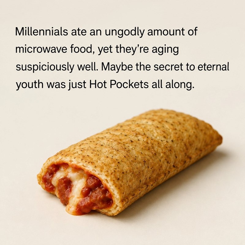 Millennials ate an ungodly amount of microwave food, yet they're aging suspiciously well. Maybe the secret to eternal youth was just Hot Pockets all along.