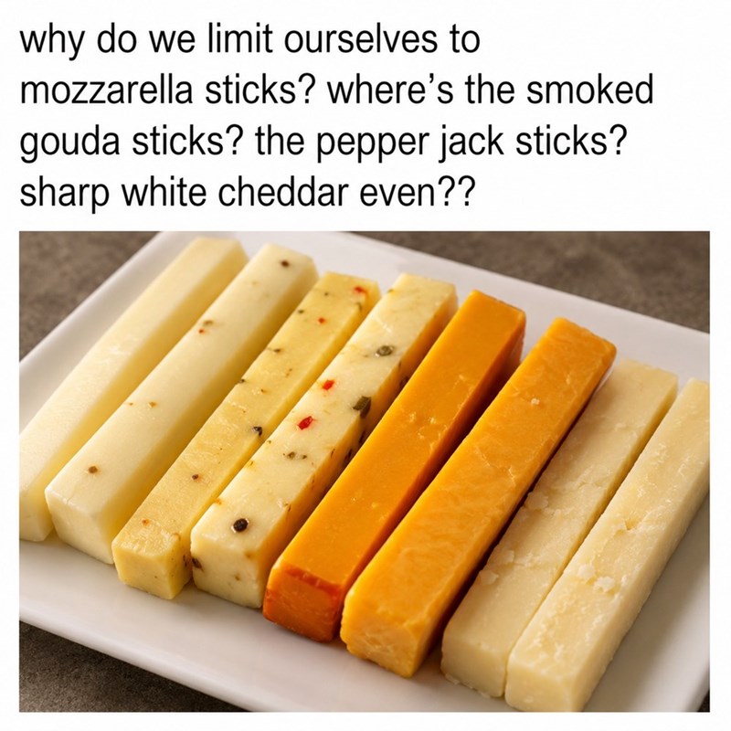 why do we limit ourselves to mozzarella sticks? where's the smoked gouda sticks? the pepper jack sticks? sharp white cheddar even??