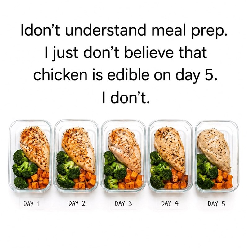 Idon't understand meal prep. I just don't believe that chicken is edible on day 5. I don't. DAY 1 DAY 2 DAY 3 DAY 4 DAY 5