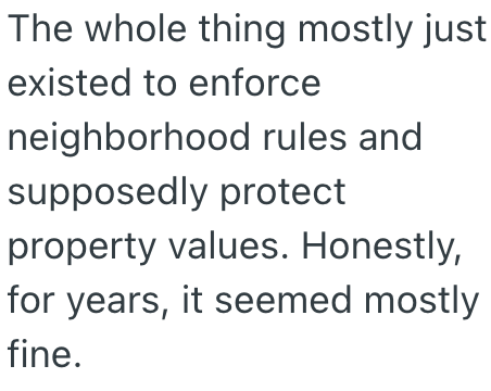 The whole thing mostly just existed to enforce neighborhood rules and supposedly protect property values. Honestly, for years, it seemed mostly fine.