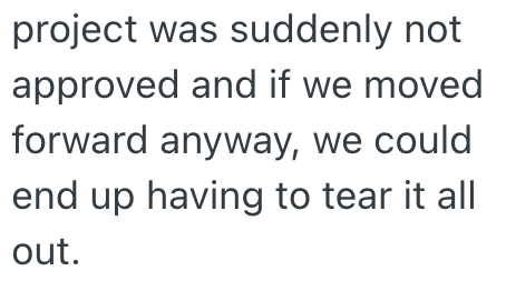project was suddenly not approved and if we moved forward anyway, we could end up having to tear it all out.
