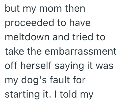 but my mom then proceeded to have meltdown and tried to take the embarrassment off herself saying it was my dog's fault for starting it. I told my