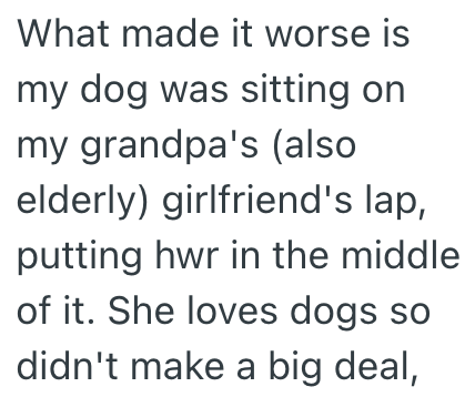 What made it worse is my dog was sitting on my grandpa's (also elderly) girlfriend's lap, putting hwr in the middle of it. She loves dogs so didn't make a big deal,