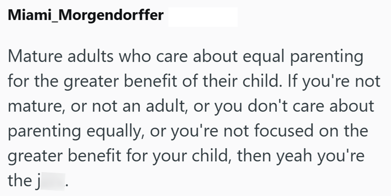 Miami_Morgendorffer Mature adults who care about equal parenting for the greater benefit of their child. If you're not mature, or not an adult, or you don't care about parenting equally, or you're not focused on the greater benefit for your child, then yeah you're the j