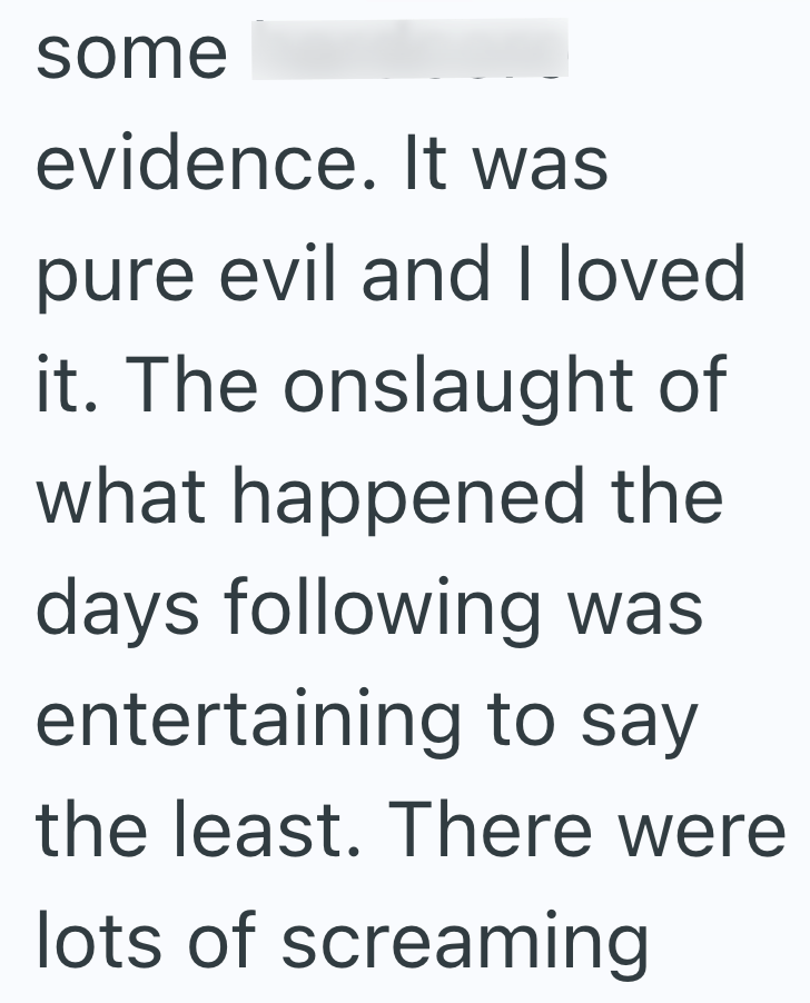 some evidence. It was pure evil and I loved it. The onslaught of what happened the days following was entertaining to say the least. There were lots of screaming