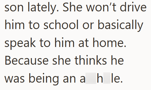 son lately. She won't drive him to school or basically speak to him at home. Because she thinks he was being an ah le.