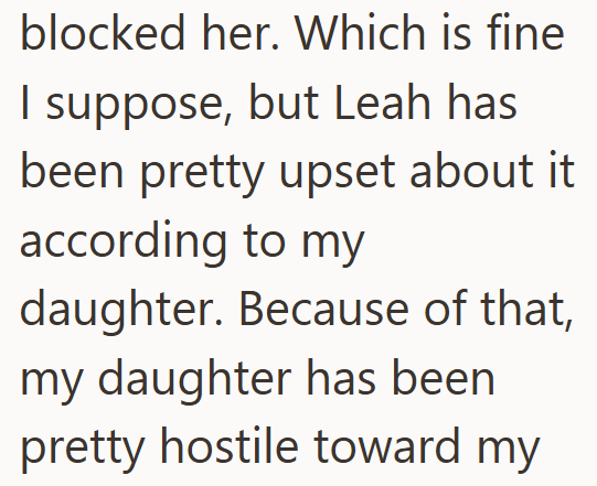 blocked her. Which is fine I suppose, but Leah has been pretty upset about it according to my daughter. Because of that, my daughter has been pretty hostile toward my