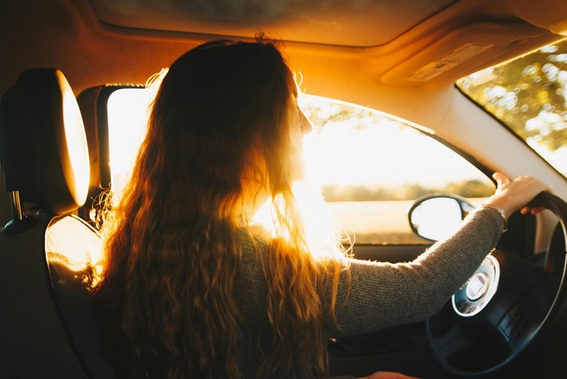 A picture of what could be a teenage girl driving to school without her younger brother, who doesn't have a car or a license, because he broke up with her best friend.