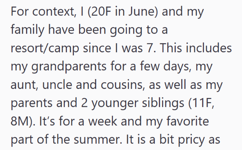 For context, I (20F in June) and my family have been going to a resort/camp since I was 7. This includes my grandparents for a few days, my aunt, uncle and cousins, as well as my parents and 2 younger siblings (11F, 8M). It's for a week and my favorite part of the summer. It is a bit pricy as