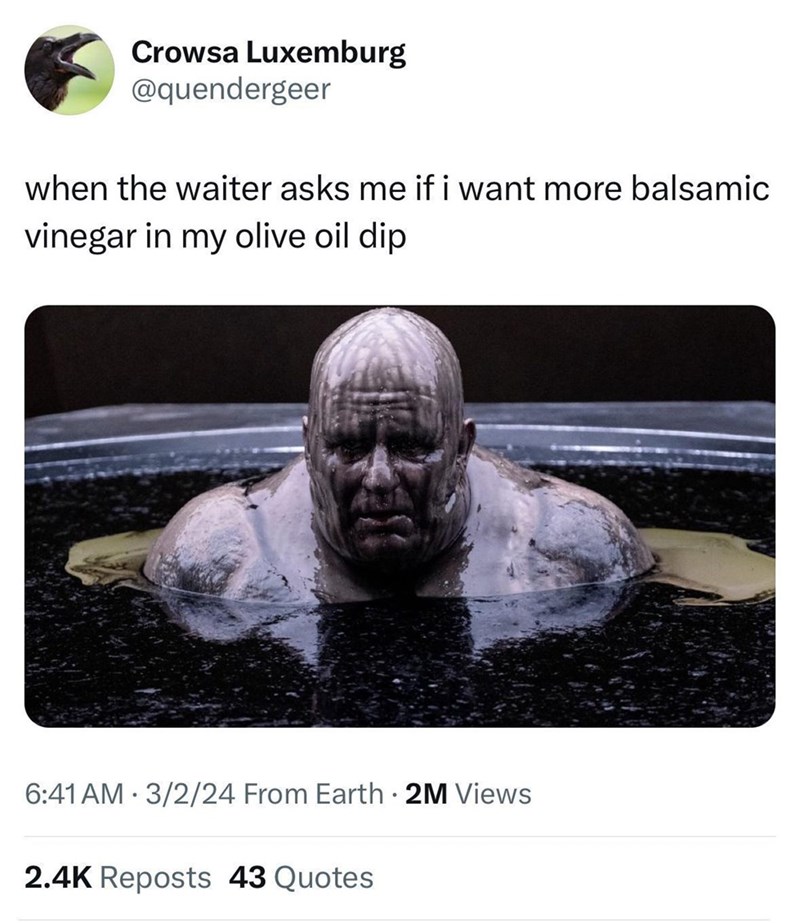 Crowsa Luxemburg @quendergeer when the waiter asks me if i want more balsamic vinegar in my olive oil dip 6:41 AM 3/2/24 From Earth .2M Views 2.4K Reposts 43 Quotes