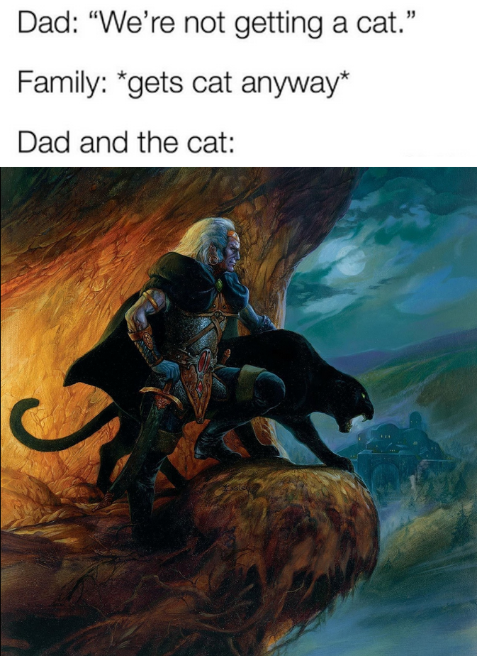 Dad: "We're not getting a cat." Family: *gets cat anyway* Dad and the cat:
