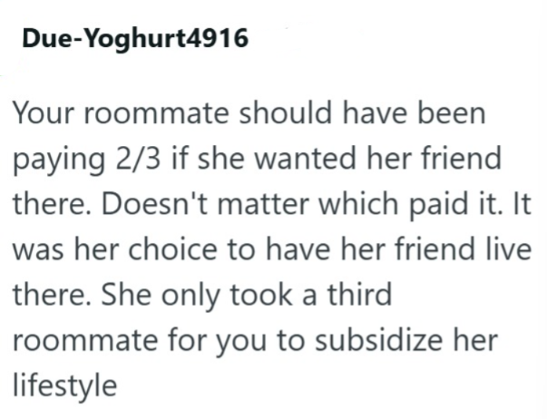 Due-Yoghurt4916 Your roommate should have been paying 2/3 if she wanted her friend there. Doesn't matter which paid it. It was her choice to have her friend live there. She only took a third roommate for you to subsidize her lifestyle