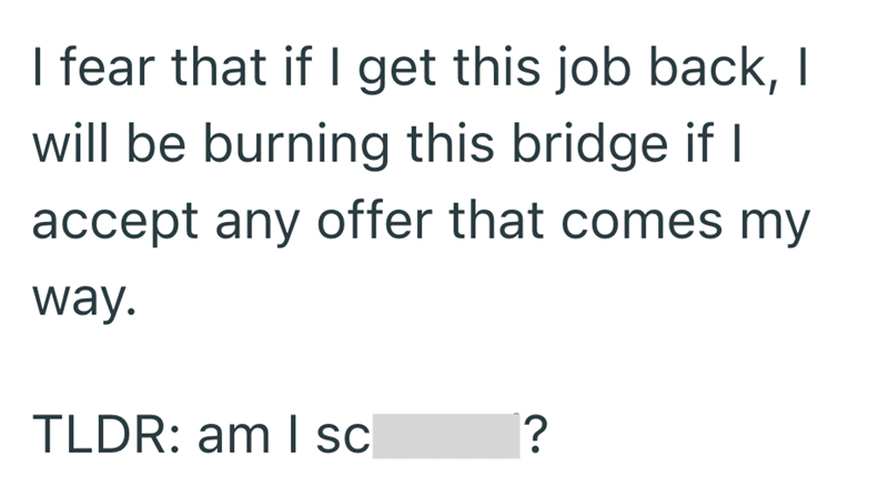 I fear that if I get this job back, | will be burning this bridge if I accept any offer that comes my way. TLDR: am I sc ? 3.