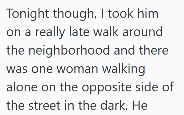 Tonight though, I took him on a really late walk around the neighborhood and there was one woman walking alone on the opposite side of the street in the dark. He