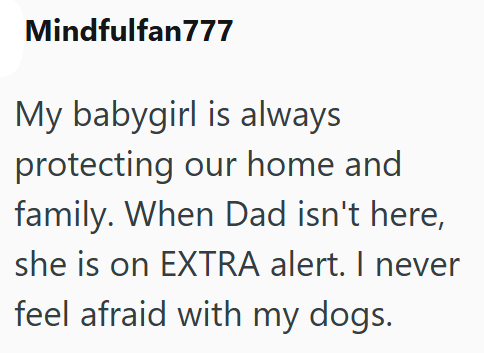 Mindfulfan777 My babygirl is always protecting our home and family. When Dad isn't here, she is on EXTRA alert. I never feel afraid with my dogs.