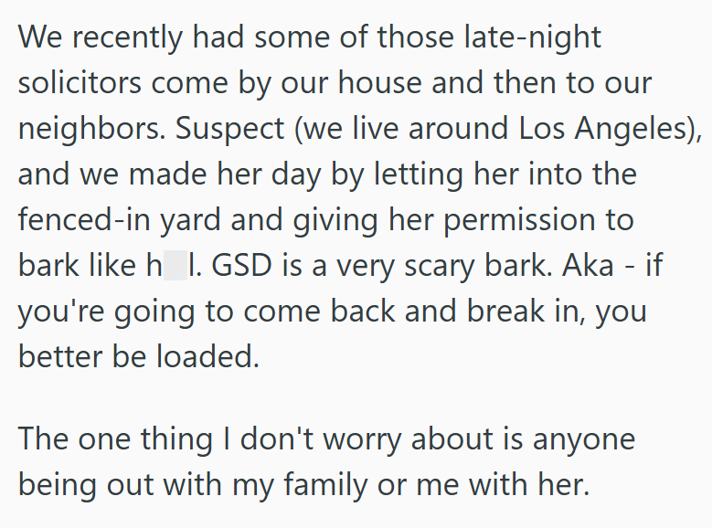 We recently had some of those late-night solicitors come by our house and then to our neighbors. Suspect (we live around Los Angeles), and we made her day by letting her into the fenced-in yard and giving her permission to bark like h_l. GSD is a very scary bark. Aka - if you're going to come back and break in, you better be loaded. The one thing I don't worry about is anyone being out with my family or me with her.