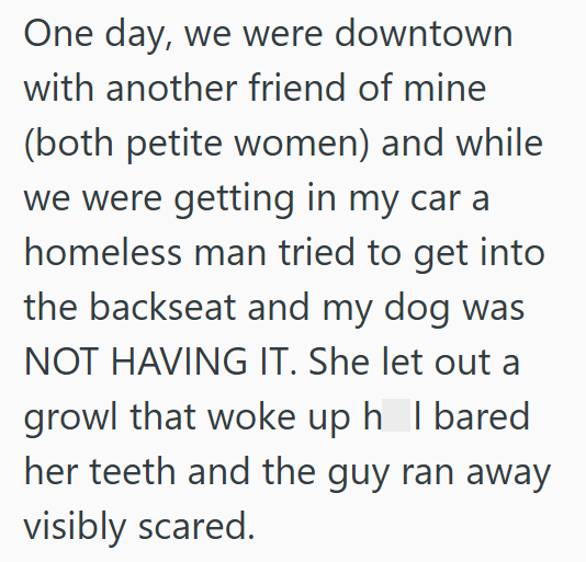 One day, we were downtown with another friend of mine (both petite women) and while we were getting in my car a homeless man tried to get into the backseat and my dog was NOT HAVING IT. She let out a growl that woke up h I bared her teeth and the guy ran away visibly scared.