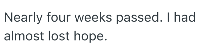 Nearly four weeks passed. I had almost lost hope.