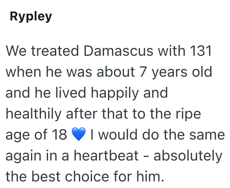 Rypley We treated Damascus with 131 when he was about 7 years old and he lived happily and healthily after that to the ripe age of 18 I would do the same again in a heartbeat - absolutely the best choice for him.