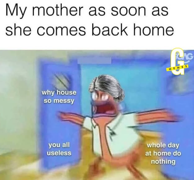 My mother as soon as she comes back home LAG MEMES why house so messy you all useless whole day at home do nothing