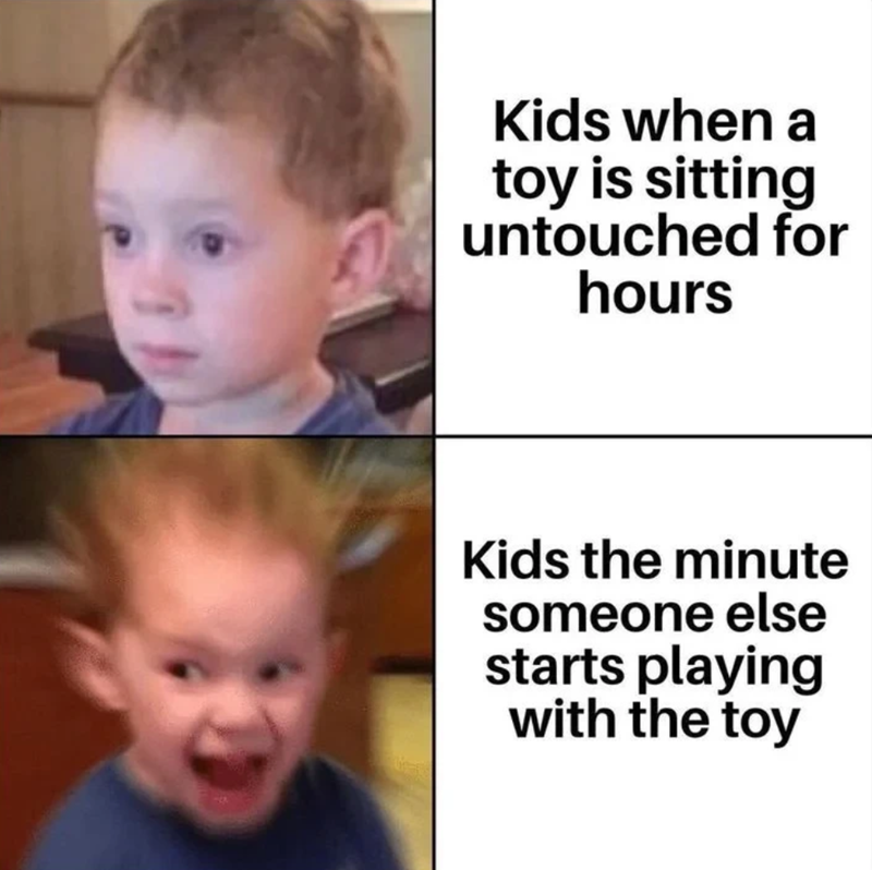 Kids when a toy is sitting untouched for hours Kids the minute someone else starts playing with the toy