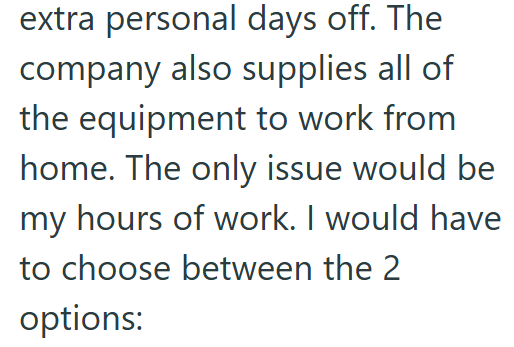 extra personal days off. The company also supplies all of the equipment to work from home. The only issue would be my hours of work. I would have to choose between the 2 options: