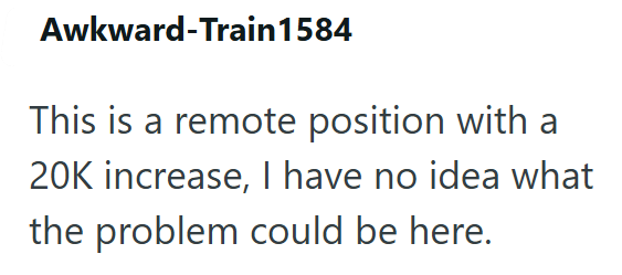 Awkward-Train1584 This is a remote position with a 20K increase, I have no idea what the problem could be here.