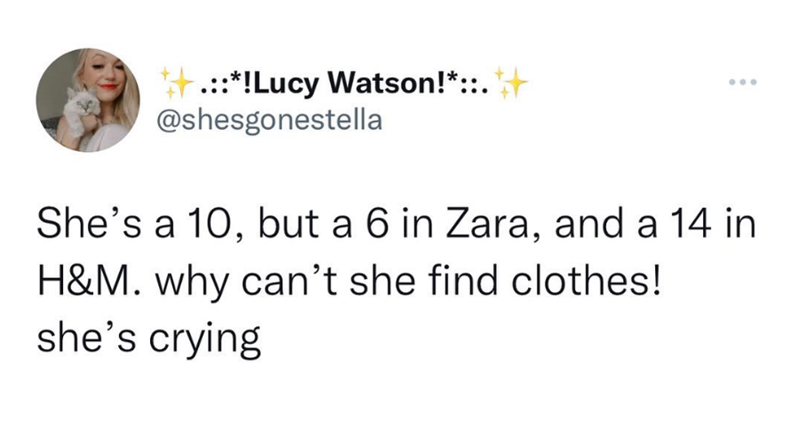 .::*!Lucy Watson!*::. @shesgonestella She's a 10, but a 6 in Zara, and a 14 in H&M. why can't she find clothes! she's crying