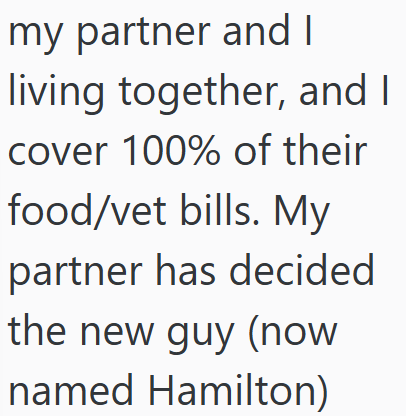 my partner and I living together, and I cover 100% of their food/vet bills. My partner has decided the new guy (now named Hamilton)