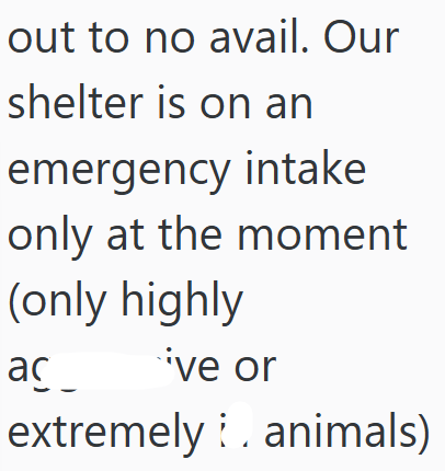 out to no avail. Our shelter is on an emergency intake only at the moment (only highly aç ive or extremely . animals)