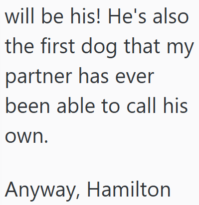 will be his! He's also the first dog that my partner has ever been able to call his own. Anyway, Hamilton