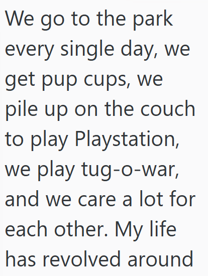 We go to the park every single day, we get pup cups, we pile up on the couch to play Playstation, we play tug-o-war, and we care a lot for each other. My life has revolved around