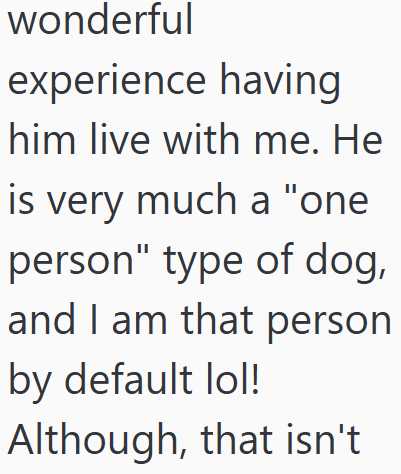 wonderful experience having him live with me. He is very much a "one person" type of dog, and I am that person by default lol! Although, that isn't