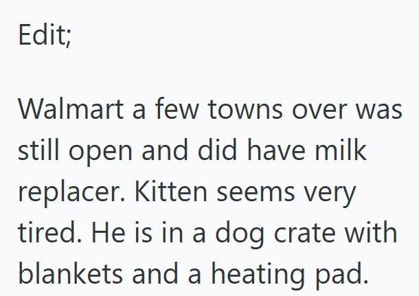 Edit; Walmart a few towns over was still open and did have milk replacer. Kitten seems very tired. He is in a dog crate with blankets and a heating pad.