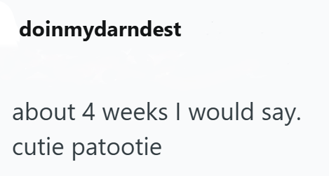 doinmydarndest about 4 weeks I would say. cutie patootie