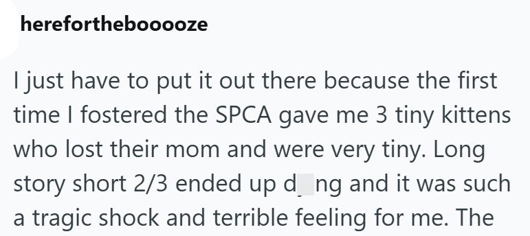 hereforthebooooze I just have to put it out there because the first time I fostered the SPCA gave me 3 tiny kittens who lost their mom and were very tiny. Long story short 2/3 ended up d_ng and it was such a tragic shock and terrible feeling for me. The