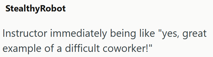StealthyRobot Instructor immediately being like "yes, great example of a difficult coworker!"