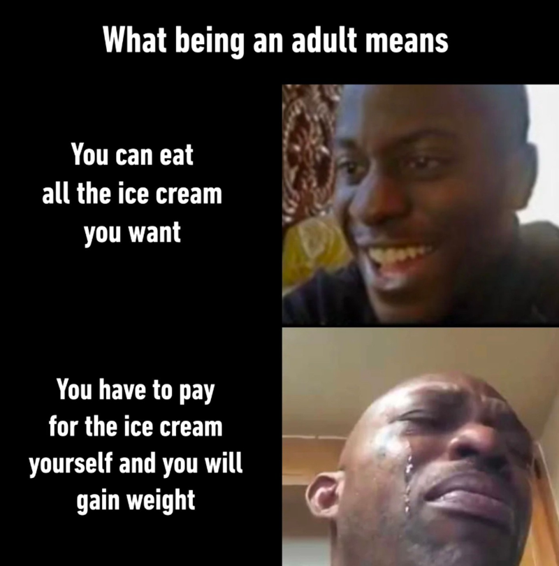 What being an adult means You can eat all the ice cream you want You have to pay for the ice cream yourself and you will gain weight C