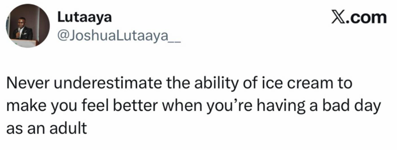 Lutaaya X.com @JoshuaLutaaya__ Never underestimate the ability of ice cream to make you feel better when you're having a bad day as an adult