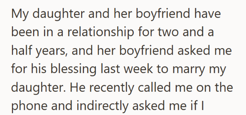 My daughter and her boyfriend have been in a relationship for two and a half years, and her boyfriend asked me for his blessing last week to marry my daughter. He recently called me on the phone and indirectly asked me if I