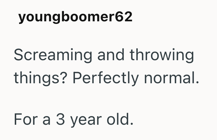 youngboomer62 Screaming and throwing things? Perfectly normal. For a 3 year old.