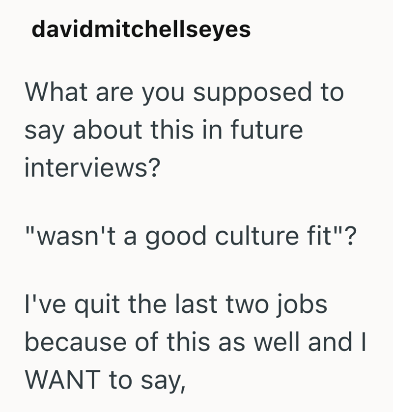 davidmitchellseyes What are you supposed to say about this in future interviews? "wasn't a good culture fit"? I've quit the last two jobs because of this as well and I WANT to say,