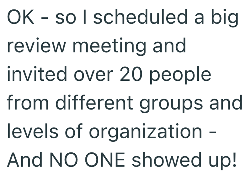 OK so I scheduled a big - review meeting and invited over 20 people from different groups and levels of organization - And NO ONE showed up!