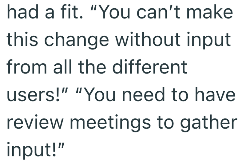 had a fit. "You can't make this change without input from all the different users!" "You need to have review meetings to gather input!"