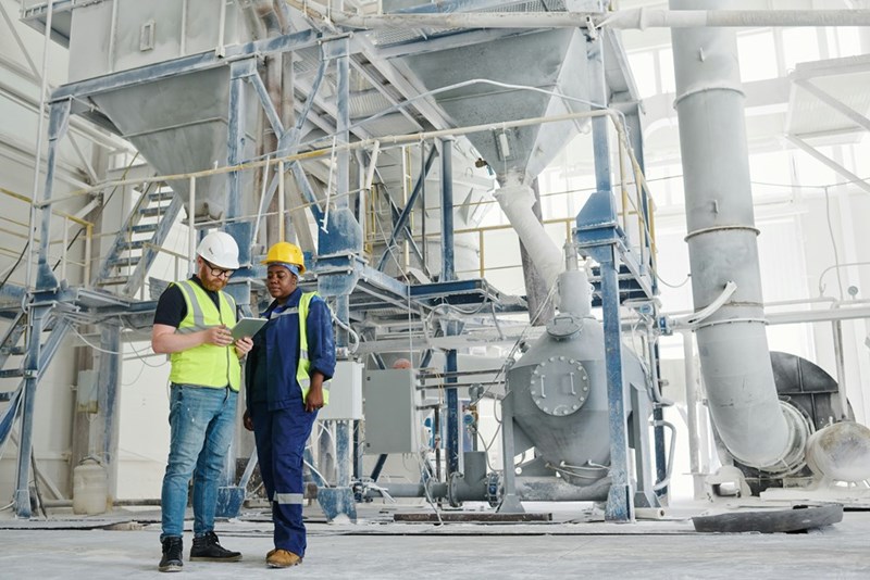 2 plant workers review their work together in front of machinery, as subjects depict.