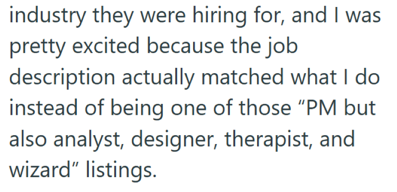 industry they were hiring for, and I was pretty excited because the job description actually matched what I do instead of being one of those "PM but also analyst, designer, therapist, and wizard" listings.