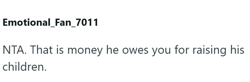 Emotional_Fan_7011 NTA. That is money he owes you for raising his children.
